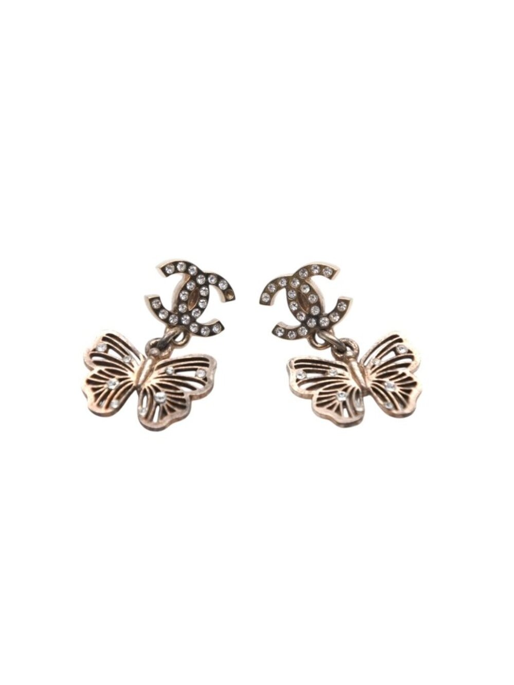 Chanel Rhinestone CC Logo Butterfly Earrings 11 Metal Gold